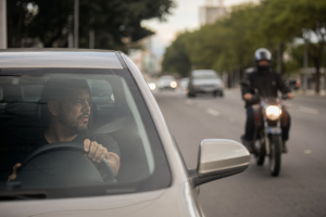 Trabalhador realiza serviço de transporte por aplicativo em via urbana brasileira