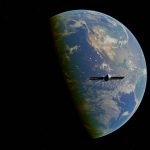 Ilustração de um satélite orbitando a Terra vista do espaço, com o planeta ao fundo e estrelas ao redor.