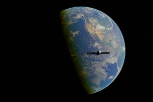 Ilustração de um satélite orbitando a Terra vista do espaço, com o planeta ao fundo e estrelas ao redor.