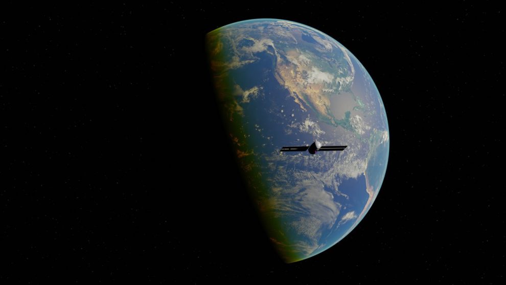 Ilustração de um satélite orbitando a Terra vista do espaço, com o planeta ao fundo e estrelas ao redor.